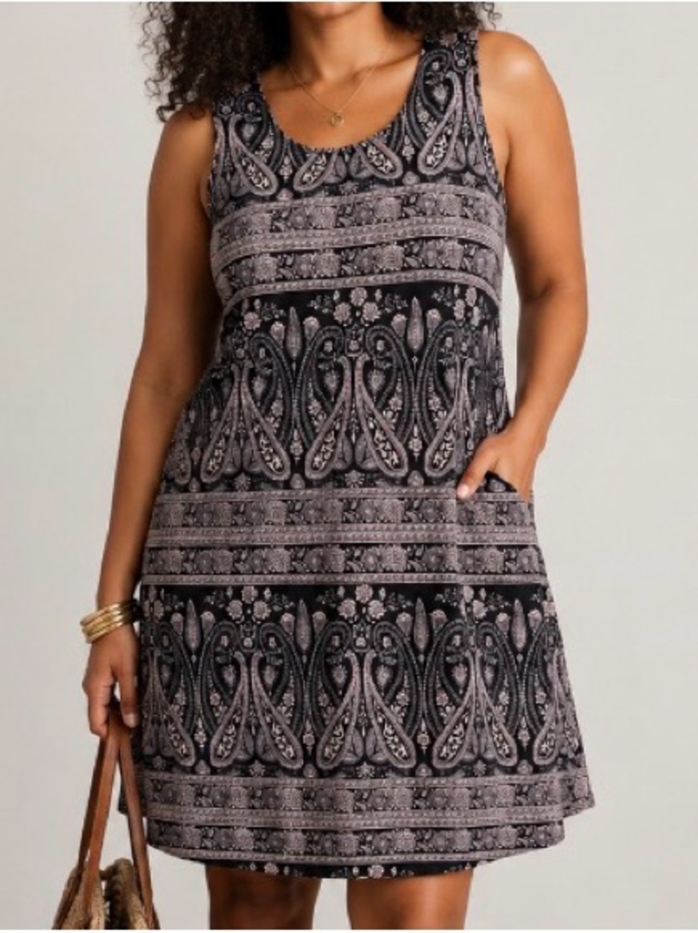 SIMPLY FUN Black and Tan Paisley A-Line Swing Dress Size M